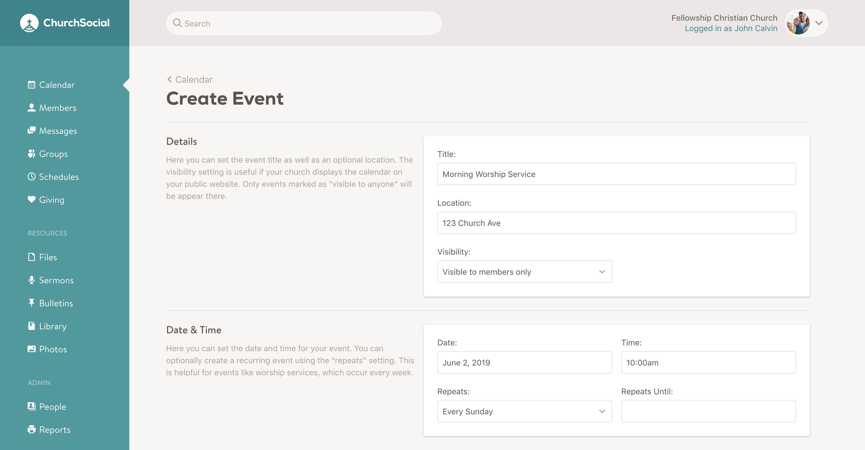 Screenshot of create event page